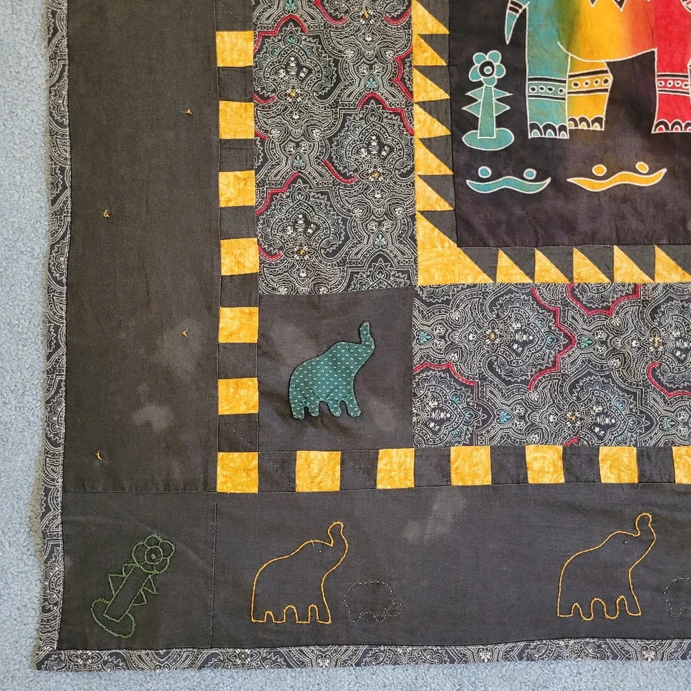 Handmade Original Summer Quilt Colorful Elephant Batik Embroidered 45x45
